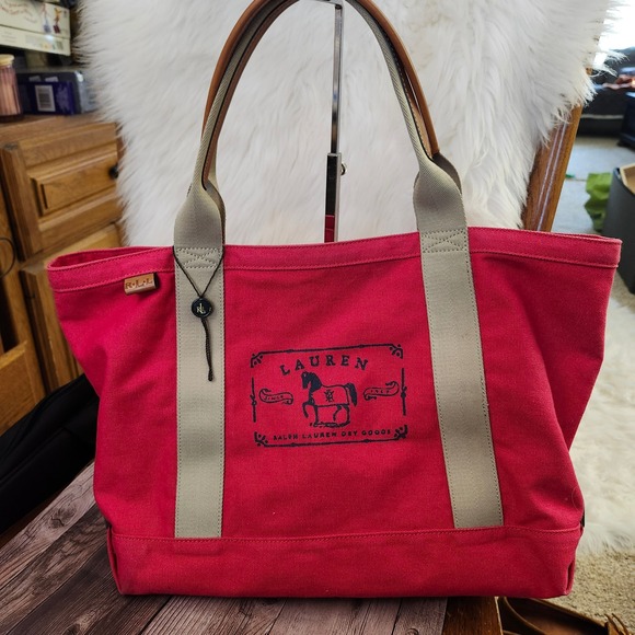 Ralph Lauren Lauren Dry Goods canvas leather double handles shoulder tote bag